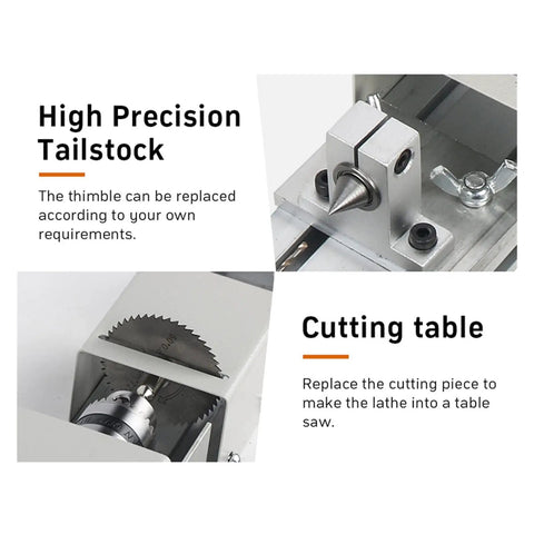 High Precision Mini Wood Lathe Machine For DIY Enthusiasts details showing tailstock and cutting table functionality in stainless steel.