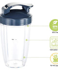 2 Pack 24 Ounce Replacement Cups With To Go Lids Compatible With NutriBullet 600W And Pro 900W Blenders showing BPA free and dishwasher safe