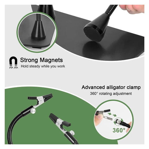 Close-up of Magnetic Soldering Helping Hands With Flexible Arms and 360 Degree PCB Holder showing strong magnets and alligator clamps.