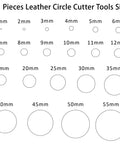 Chart of Leather Circle Cutter Tool Set With 21 Sizes From 15 To 55 Mm, showing circle sizes from 1mm to 55mm for DIY crafts.