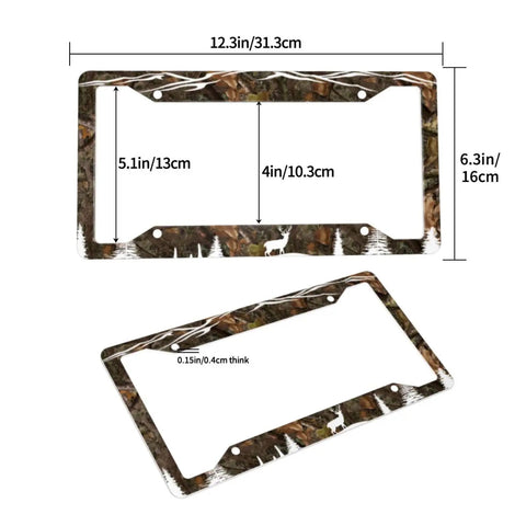 Hunting Deer License Plate Frame 2 Pack Universal Aluminum Tag Holder with Camo Design, Dimensions 12.3 x 6.3 Inches