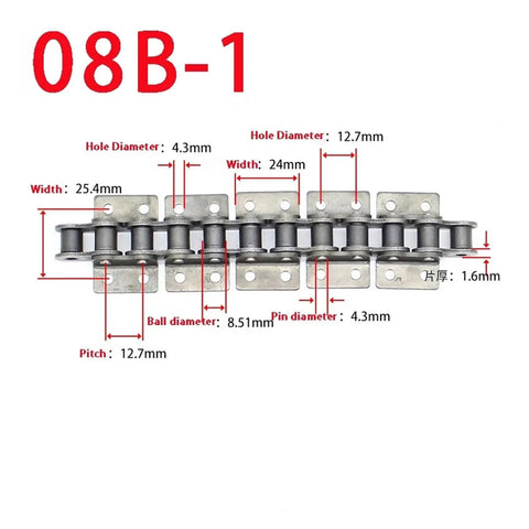 Precision 08B-1 Single Row Roller Chain 1.5M Short Pitch Heavy Duty Drive Link dimensions and specifications diagram.