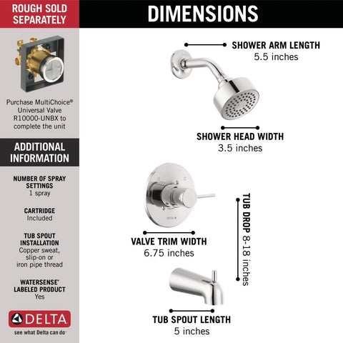Diagram showing dimensions of Modern Single-Handle Chrome Tub And Shower Trim Kit And With Single-Spray Touch-Clean Shower Head.
