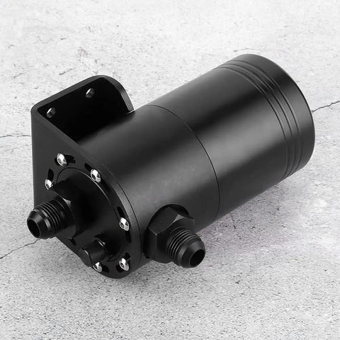 Yukofe Universal Air Oil Separator Catch Can, Black Stainless Steel construction, top view with fittings and bolt holes.
