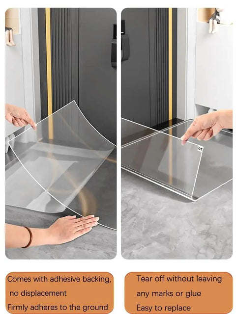 Heavy Duty Adhesive Mats To Trap Dust And Grime Effortlessly Peel And Replace Sticky Floor Pads For Cleanrooms Clinics And Construction Sites No Sweat Cleanup 300 Sheets Roll, showcasing clear adhesive mat being applied.