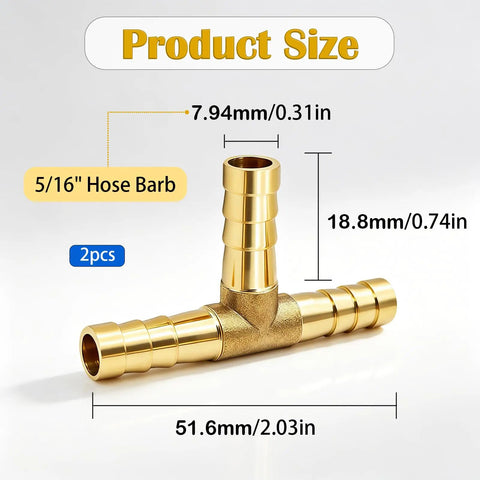 Brass Tee Barbed Fittings 5 By 16 Inch 8mm Three Way T Shape Union Splitter For 5 By 16 Inch ID Hoses With Hose Clamps Durable Corrosion Resistant Perfect For Water Fuel Air Lines In Automotive And Home Hydraulics 2 Pack, 5/16 hose barb size