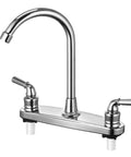 Heavy Duty Rv Kitchen Faucet With Chrome Finish And Abs Body Built Tough Offers Two Levers Plus Eight Inch Base Sweet High Arch Spout Swivels Fully For Hassle Free Cleaning And Includes Plug And Play Hookup With Flow Saving Aerator Perfect For Motorhomes. Chrome faucet with high arch spout and two lever handles for RVs.