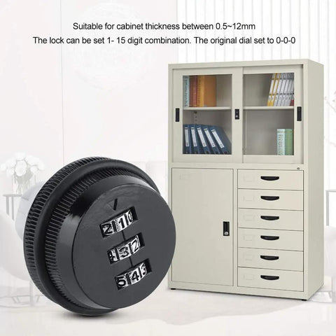 Heavy Duty Zinc Alloy Code Combination Cabinet Lock With 100 Number Combinations For Cabinets Tool Boxes Drawers And Safe Storage Easy Set Dial Built To Last Security For Home Workshop Or Garage image showing lock and cabinet.