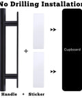8 Pack Adhesive Cabinet Handles Self Stick Push Pull Helpers Black ABS Material No Drill Instant Installation For Cabinets Drawers And Furniture Ideal For Wardrobes Cupboards Pantry And Desks layout showing handle, sticker, and cupboard placement