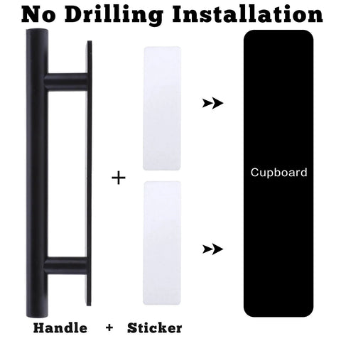 8 Pack Adhesive Cabinet Handles Self Stick Push Pull Helpers Black ABS Material No Drill Instant Installation For Cabinets Drawers And Furniture Ideal For Wardrobes Cupboards Pantry And Desks layout showing handle, sticker, and cupboard placement