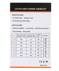 Box label of Heavy Duty Heat Shrink Tubing Kit 220 Pcs 3 To 1 Adhesive Lined Marine Grade Black and Red, six sizes listed
