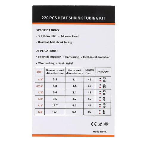 Box label of Heavy Duty Heat Shrink Tubing Kit 220 Pcs 3 To 1 Adhesive Lined Marine Grade Black and Red, six sizes listed