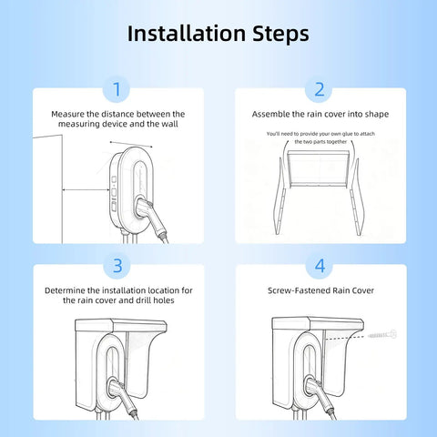 Installation steps for Heavy Duty Galvanized Steel EV Charger Rain Canopy Weatherproof Sun Shade with assembly and drilling guide.