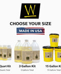 Workhorse Polyaspartic Topcoat 15 Gallon Kit High Solids Clear Gloss Floor Coating options displayed in various sizes.