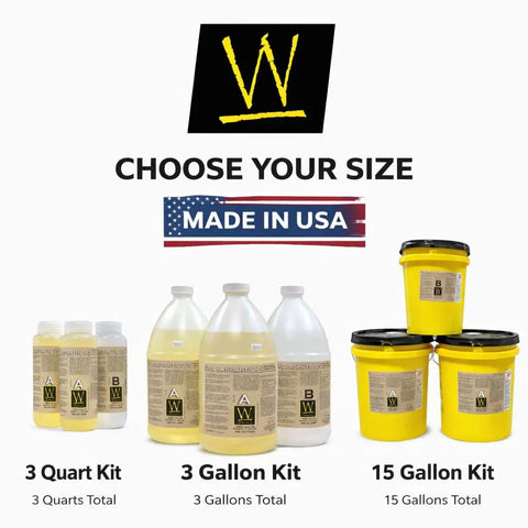 Workhorse Polyaspartic Topcoat 15 Gallon Kit High Solids Clear Gloss Floor Coating options displayed in various sizes.