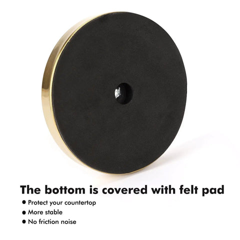 Bottom view of felt-padded base for Freestanding Toilet Paper Holder Stand With Four Roll Reserve, Stainless Steel Brushed Gold Finish.