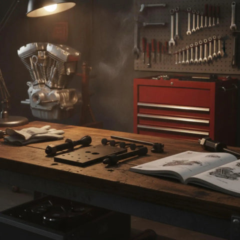 Absolute Beast Heavy Duty Black Iron Motorcycle Engine Camshaft Bearing Installer Remover And Puller Tool Kit Designed For Real Mechanics Plus DIY Guys Who Want To Service Or Repair Engines Smoothly In Their Local Garage Or Workshop Shop. Black iron tool kit on workbench.