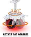 Top Notch Four Pack Adjustable Leveling Scaffolding Wheels With Rock Solid Screw Jack Base Feet For Tubular Frames Heavy Duty Ball Bearing Rolling Casters 360 degree rotation feature displayed on a caster wheel.