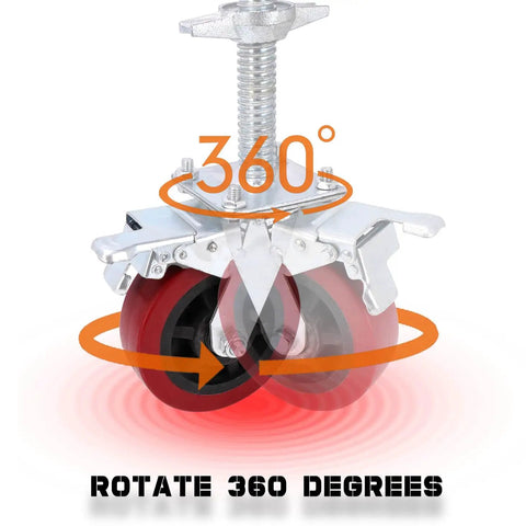 Top Notch Four Pack Adjustable Leveling Scaffolding Wheels With Rock Solid Screw Jack Base Feet For Tubular Frames Heavy Duty Ball Bearing Rolling Casters 360 degree rotation feature displayed on a caster wheel.