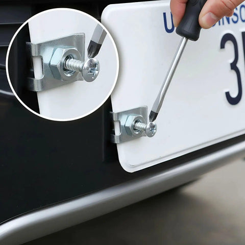 Four Piece Badass U Nut Fastener Clips For Car License Plates And Bumpers Built Tough For Any Ride Quick Install Rust Resistant Steel Hardware Lock It Down Tight. Close-up showing installation on a car license plate.