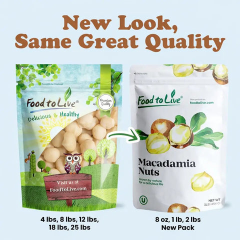 Two packages of macadamia nuts: old and new packaging for Macadamia Nuts Bulk 25 Pound Raw Unsalted Unroasted For Snacking And Baking
