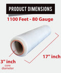 Top Tier Heavy Stretch Film Roll 17 X 1100 Feet Clear Plastic Shrink Wrap 80 Gauge showing dimensions and core diameter.