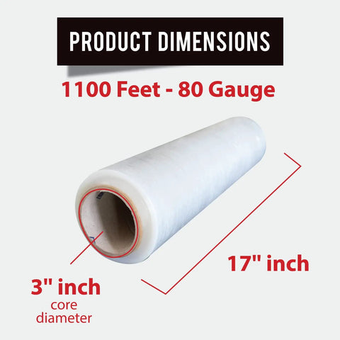 Top Tier Heavy Stretch Film Roll 17 X 1100 Feet Clear Plastic Shrink Wrap 80 Gauge showing dimensions and core diameter.
