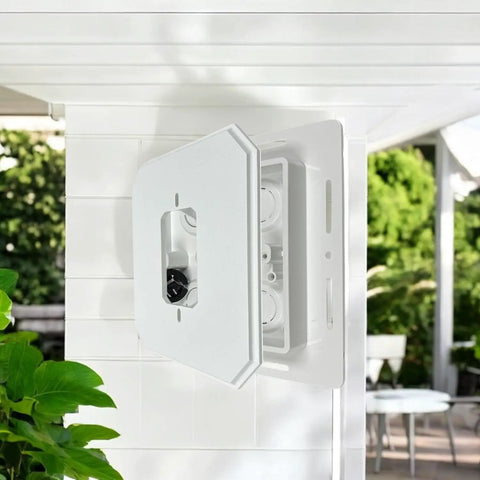 Non-Metallic Universal Siding Mounting Block For Exterior Light Fixtures And Receptacles With Flanges, 6.5 Inch By 6.5 Inch Cover, White, 2 Pack, Built-In Electrical Box For Extra Structural Support mounted on siding