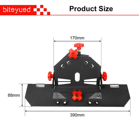 Front view of 45 Degree Tile Chamfering Tool for 4.5 Inch and 5 Inch Angle Grinders with red adjustable base plate