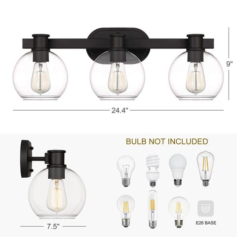 Modern Farmhouse 3 Light Vanity Light Industrial Wall Sconce With Clear Glass Globe Shade For Bedroom Hallway Kitchen Mirror Laundry Room Dope Farmhouse Glow Up Or Down Mount Now
