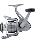Contender Spinning Fishing Reel Size 20 With Instant Anti Reverse And Oil Felt Front Drag System on aluminum spool, side view