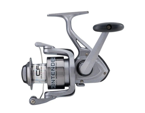 Contender Spinning Fishing Reel Size 20 With Instant Anti Reverse And Oil Felt Front Drag System on aluminum spool, side view