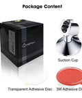 Package contents of Handheld Shower Head Holder With Dual Angle Positions And Strong Wall Suction Bracket Includes Adhesive 3M Disc No Tools Required Easy Install Chrome Finish, showing suction cup, transparent adhesive disc, and 3M adhesive disc.