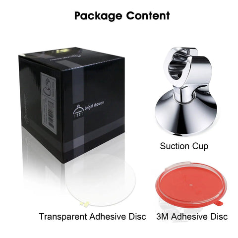 Package contents of Handheld Shower Head Holder With Dual Angle Positions And Strong Wall Suction Bracket Includes Adhesive 3M Disc No Tools Required Easy Install Chrome Finish, showing suction cup, transparent adhesive disc, and 3M adhesive disc.