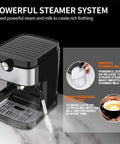 No Hassle Automatic Coffee And Milk Frother Machine With Adjustable Strength Control removable tank and drip tray with steam wand.