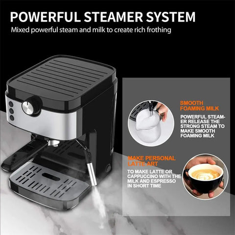 No Hassle Automatic Coffee And Milk Frother Machine With Adjustable Strength Control removable tank and drip tray with steam wand.