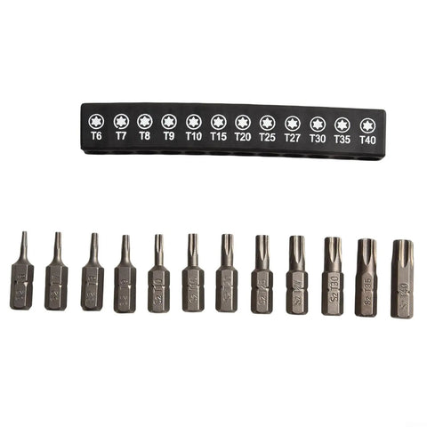 Top Tier 12 Piece Torx Screwdriver Bits Set T6 To T40 Alloy Steel With Four Inch Hex Shank Perfect For Your Drill Driver And Woodworking Projects That Need A Solid Grip. 12-piece Torx bit set with T6-T40 sizes and hex shank