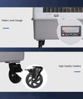 Water level gauge and high quality casters on Portable Evaporative Swamp Cooler With Three Fan Speeds And Massive Water Tank.