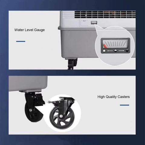 Water level gauge and high quality casters on Portable Evaporative Swamp Cooler With Three Fan Speeds And Massive Water Tank.