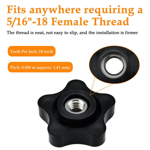 Close-up of 4 Pack 5/16-18 Female Thread Knob T Handle Black Nylon Five Star Head Clamping Nut Knobs Set With Stainless Steel Insert