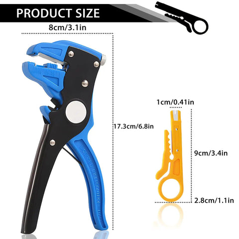 2-In-1 Automatic Wire Stripper And Cutter For Electronics And Automotive Repair With Eagle Nose Pliers in blue, showing dimensions.