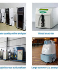 Four types of analyzers and commercial sweeper, including a water quality analyzer and blood analyzer, alongside hypochlorous acid analyzer.