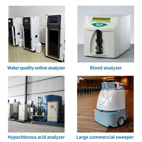 Four types of analyzers and commercial sweeper, including a water quality analyzer and blood analyzer, alongside hypochlorous acid analyzer.