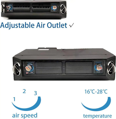 Universal 12V Under Dash Air Conditioner With Snappy Chill And Cozy Heat 10000 BTU robust control panel with adjustable air outlet.