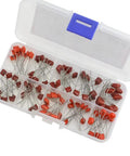 Open box showing Metallized Polypropylene Film Capacitors Assortment Kit, 100 Pieces, 10 Values From 10nF To 474nF, 100V Rating, CBB Style