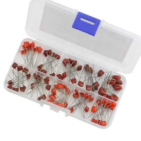 Open box showing Metallized Polypropylene Film Capacitors Assortment Kit, 100 Pieces, 10 Values From 10nF To 474nF, 100V Rating, CBB Style