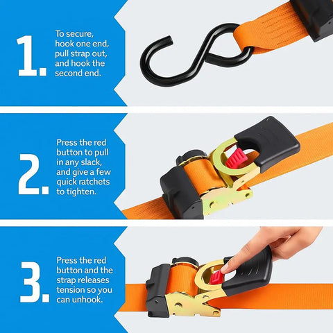 Heavy Duty Retractable Tie Down Straps Bulk 640 Count Two Pallets With Zinc Coated S Hooks And Steel Ratchet Lock, usage steps.