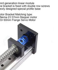 Heavy Duty XYZ Liner Block Linear Guide With 40mm Width And SFU1605 Ball Screw For Smooth Sliding Table Motion Up To 50kg Load Max In 600mm Length Setup, showing motor bracket and screw detail.