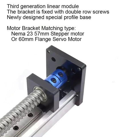Heavy Duty XYZ Liner Block Linear Guide With 40mm Width And SFU1605 Ball Screw For Smooth Sliding Table Motion Up To 50kg Load Max In 600mm Length Setup, showing motor bracket and screw detail.