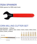 ER20A spanner and corn milling cutter set with blade diameters and collet details, part of 2.2kW CNC Spindle Motor Kit For Router Engraver